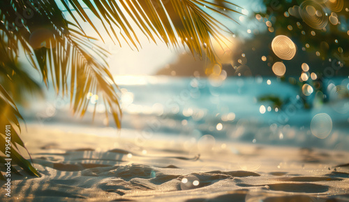 Landscape of tropical summer. Summer vacation concept with sunset sky, sea, bokeh light and palm leaves  © uv_group