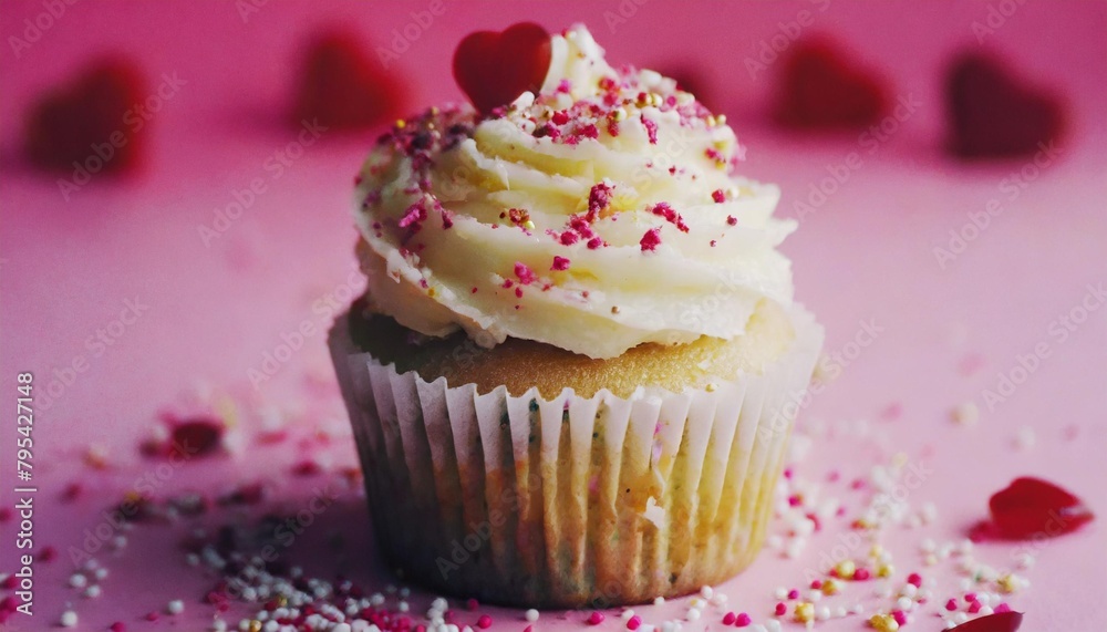 vanilla cupcake with cream cheese frosting and pink sprinkles on a pink background valentine s day or birthday dessert generative ai