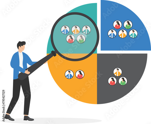 Customer segment analysis for marketing or advertising concept, target audience, consumer or user group, businessman analyzing customer segment pie chart

