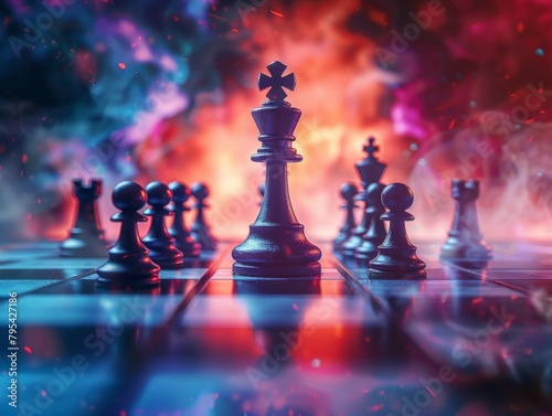 Black chess pieces on a chessboard with an explosion of color in the background.
