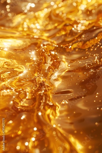 Immerse yourself in the golden hues of liquid honey, its shimmering surface glistening under soft, warm light © Maelgoa