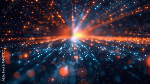 Blue and orange glowing particles form a digital landscape.
