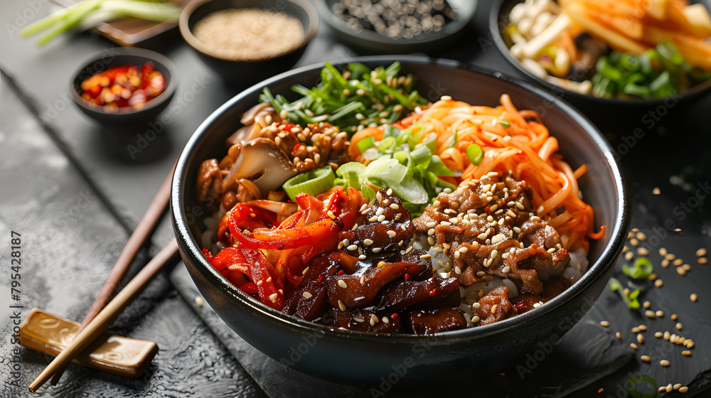 Bowl with Chinese, Korean food top view, commercial Food photo Bowl with Chinese, Korean food top view, commercial Food photo