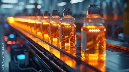 Bottles filled with yellow liquid moving along a conveyor belt in a factory