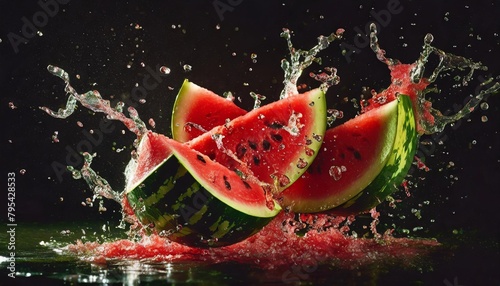 flying pieces of watermelon with juice splashing and drops isolated