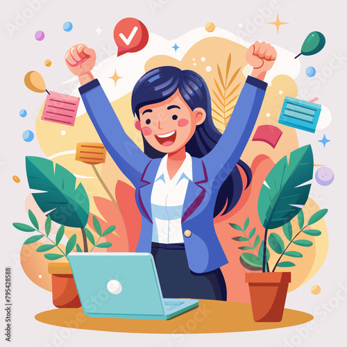 A cheerful Asian businesswoman celebrating victory while receiving good news, excited about the success of her project.
