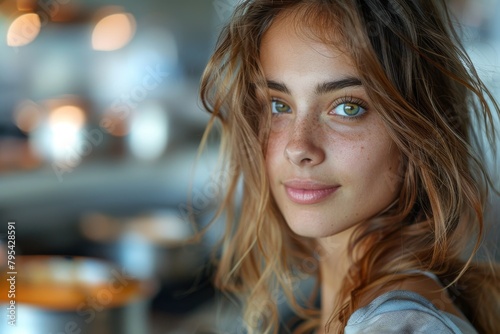 Wallpaper Mural An engaging portrait of a young woman with a side braid and distinct freckles, presenting a natural look in soft light Torontodigital.ca
