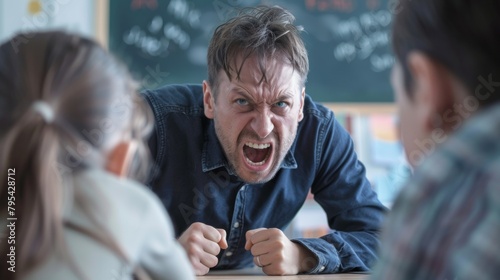 The teacher leans over the table of the students and shouts at them very strongly, the teacher shows signs of aggression.