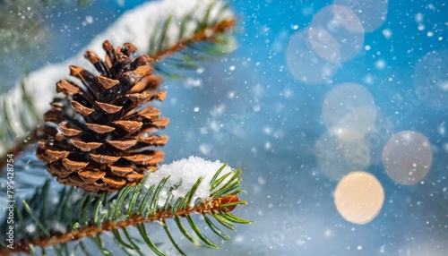 christmas snowy winter holiday celebration greeting card closeup of oine branch with pine cones and snow defocused blurred background with blue sky and bokeh lights and snowflakes photo