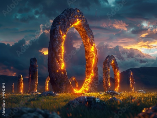 cinematic concept art of a fantasy stonehenge with glowing runes at sunset