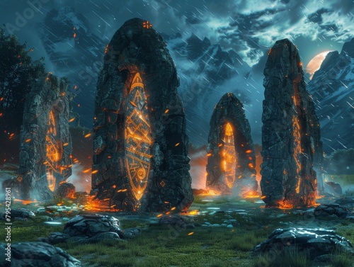 cinematic concept art of glowing ancient alien monoliths in a stormy moonlit field photo