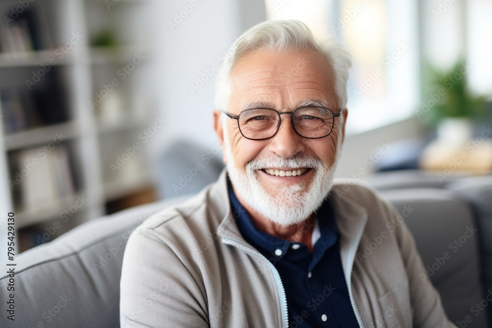 Happy grandfather sitting on the sofa looking at the camera. Healthy looking with a smile. Happy grandfather sitting on the sofa looking at the camera. Healthy looking with a smile.