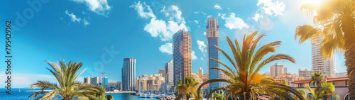 Sunny cityscape with modern buildings and palm trees along a coastal marina. Generative AI