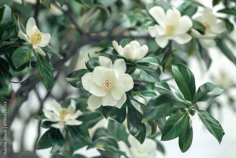 Fototapeta premium Graceful magnolia tree with fragrant white blossoms and glossy green leaves, ideal for garden-themed projects