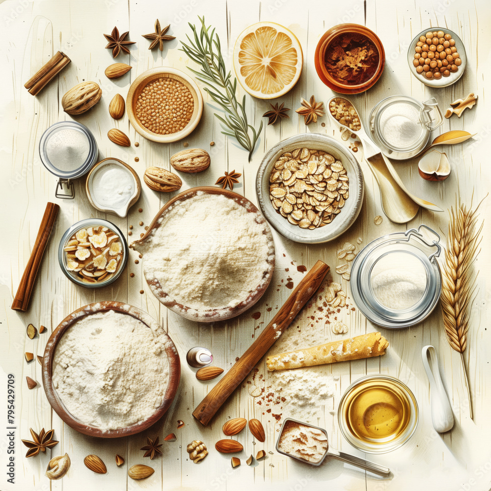 Artisan Baking Ingredients on a Sunlit Wooden Surface Artisan Baking Ingredients on a Sunlit Wooden Surface