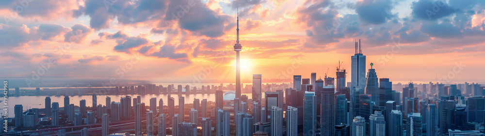 Fototapeta premium Banner with sunset over urban river with skyscrapers. Generative AI