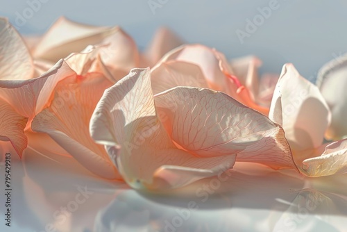 A close up of a flower with its petals spread out. The flower is pink and has a delicate, almost ethereal appearance. Concept of beauty and fragility, as the petals are delicate