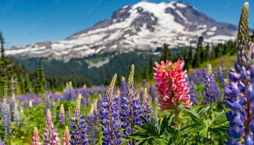 closeup of delicate indian paintbrush and purple lupine wildflowers at mt rainier national park in washington state