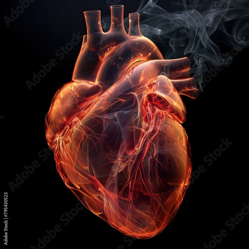 Anatomic illustration of a human heart on fire.