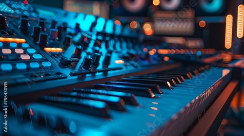 Closeup of a synthesizer with a backlit keyboard and a lot of knobs and buttons.