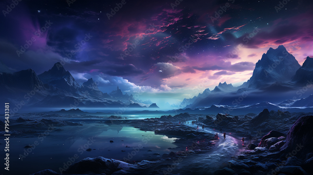 A vast, icy tundra under the northern lights, displaying a gradient of cool, ethereal colors.