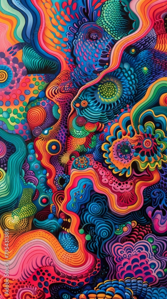 Colorful abstract painting with a psychedelic vibe and a trippy feel.