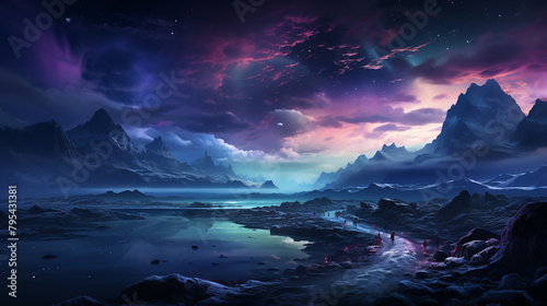 A vast, icy tundra under the northern lights, displaying a gradient of cool, ethereal colors.