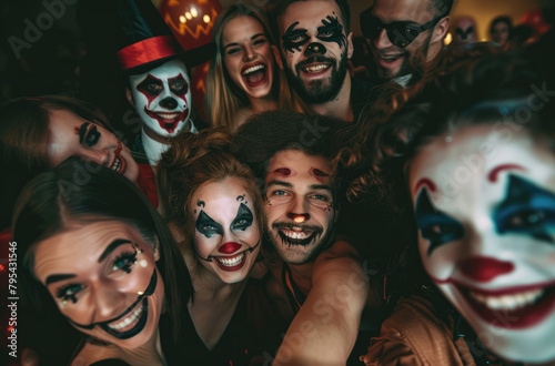 A group of smiling and happy faces with face painting in different styles like witch, clown or monster taking a selfie together at a Halloween party. © Kien