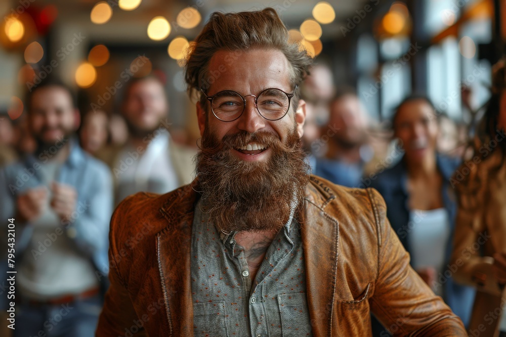 A man in a brown leather jacket stands in a crowd, with all faces around him blurred for anonymity and focus on him A man in a brown leather jacket stands in a crowd, with all faces around him blurred for anonymity and focus on him