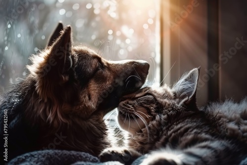 Warm affectionate moment between a shepherd dog and a tabby cat in sunlight, Concept of interspecies friendship and tender animal bonds photo