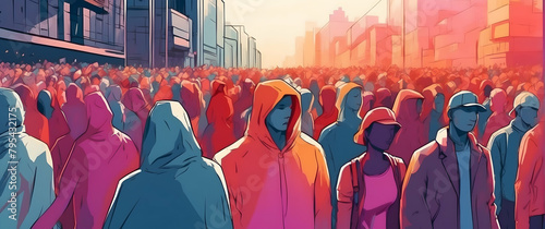 A sea of faceless individuals in a stylized illustration with vibrant hoodies representing anonymity and unity photo