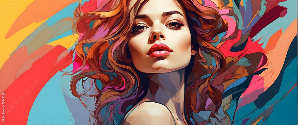 Digital portrait of a youthful woman with flowing hair and a vivid, abstract background