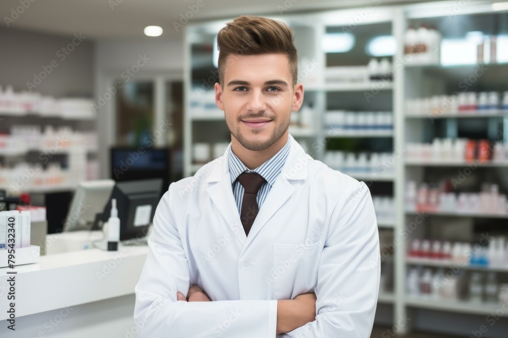 b'Portrait of a smiling young male pharmacist in a drugstore'