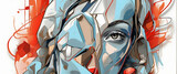 A modern, abstract artistic portrait of a female face with flowing lines and bold red accents among cooler tones
