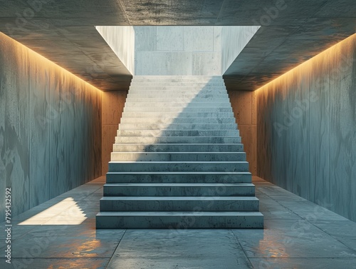 Concrete staircase in a narrow corridor with bright light at the end of the tunnel