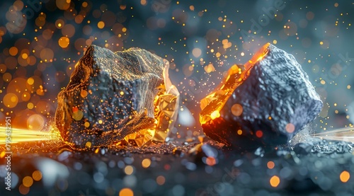 Collision of Elemental Forces: Gray and Orange Crystal Rocks Clash. Generative Ai