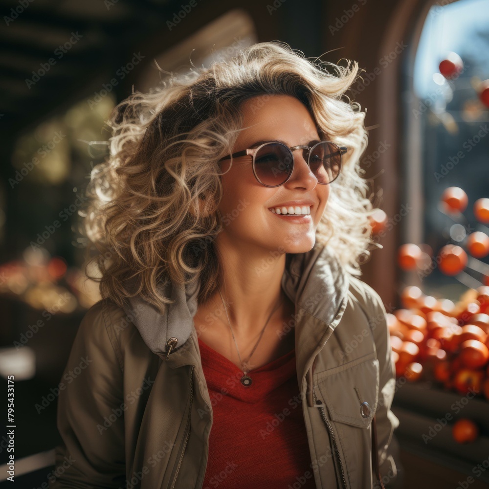 b'Portrait of a smiling woman with curly hair wearing sunglasses' b'Portrait of a smiling woman with curly hair wearing sunglasses'