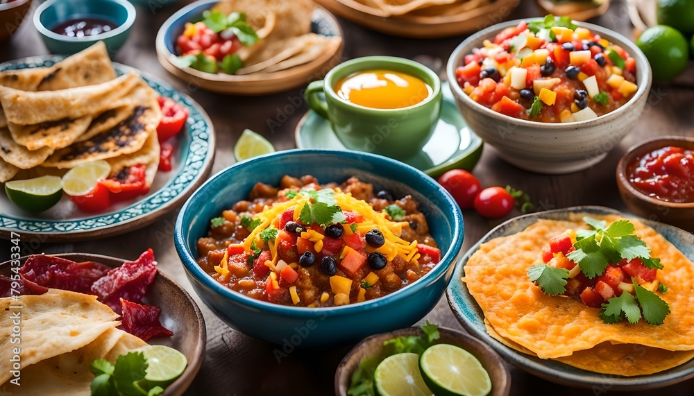 Variety of colorful mexican cuisine breakfast dishes on a table
