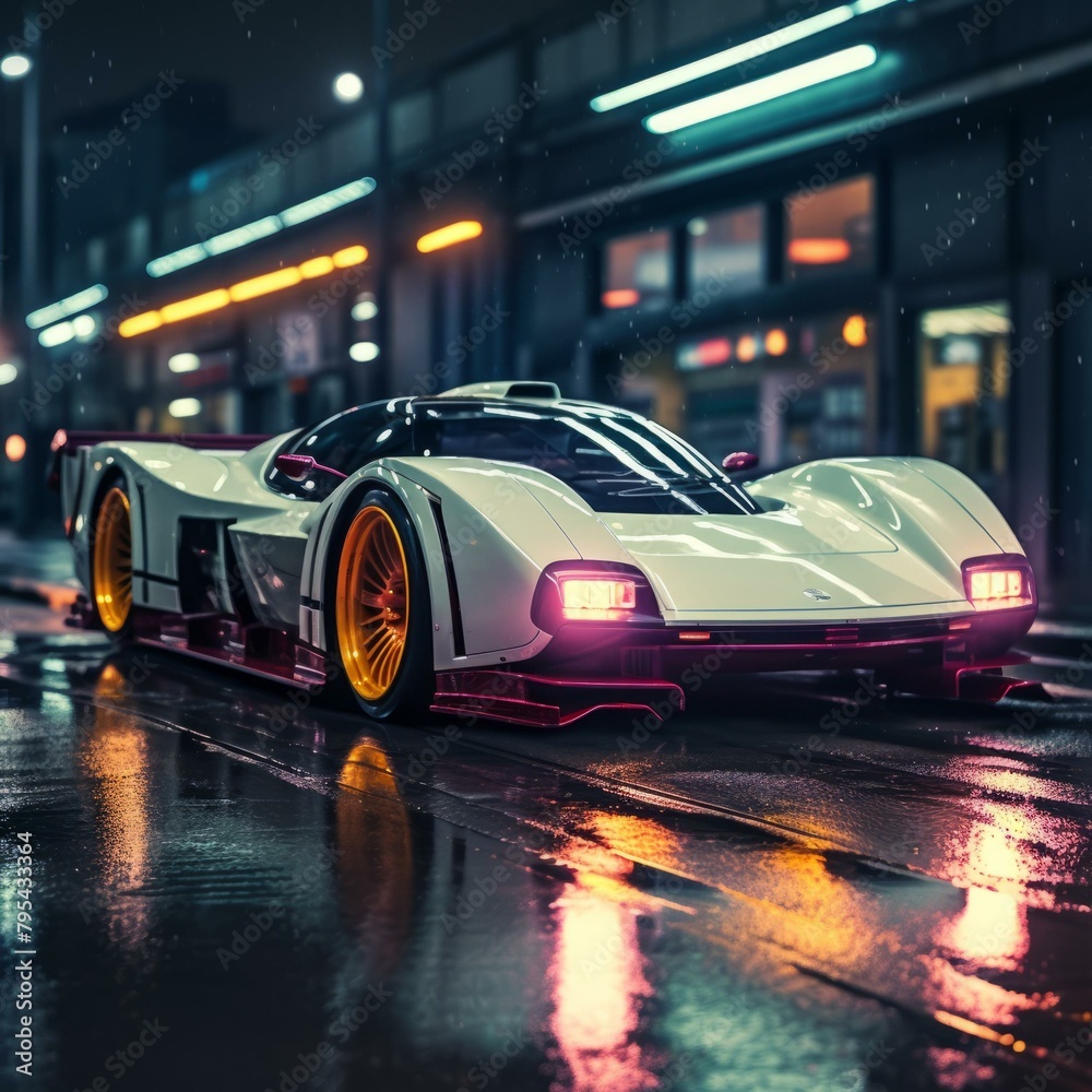 b'A white and pink futuristic sports car is parked on a wet city street at night. There are reflections on the car and the street from the lights of the city.'