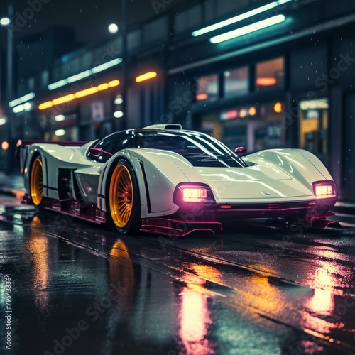 b'A white and pink futuristic sports car is parked on a wet city street at night. There are reflections on the car and the street from the lights of the city.' © Adobe Contributor