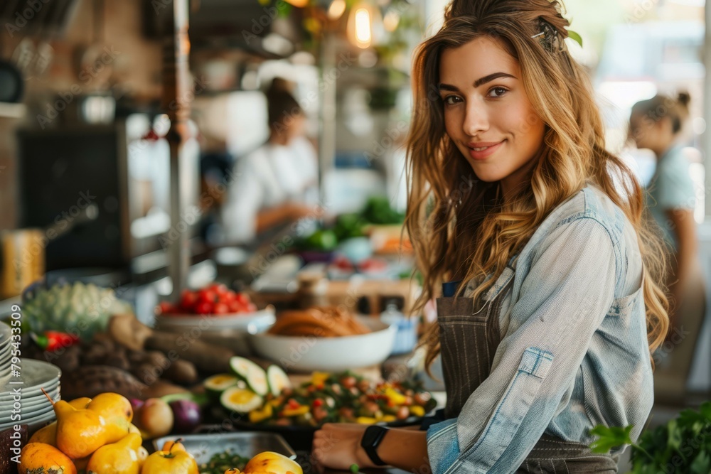 b'Portrait of a young female chef smiling in a commercial kitchen' b'Portrait of a young female chef smiling in a commercial kitchen'