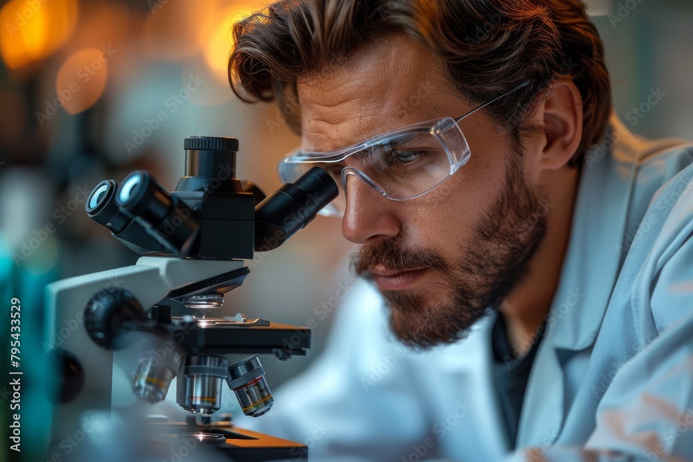 A focused scientist examines samples using a microscope in a modern lab A focused scientist examines samples using a microscope in a modern lab