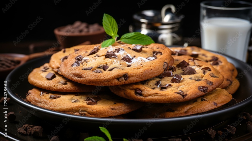 b'A stack of chocolate chip cookies on a black plate with a glass of milk in the background'