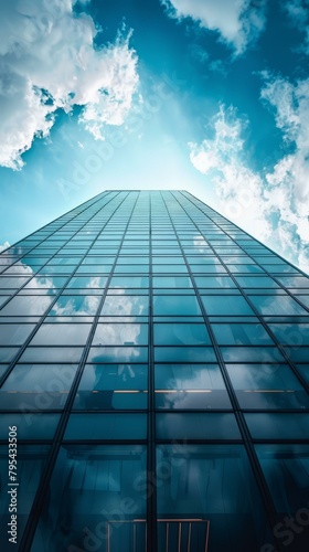 b A tall skyscraper made of reflective glass with a blue sky and clouds in the background 