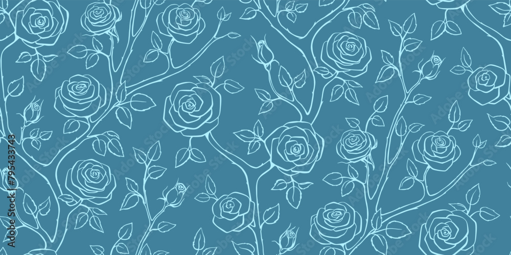 Elegant floral seamless pattern - branches with rose flowers. Repeat print with delicate petals and leaves. Simple line minimalism. Single color.
