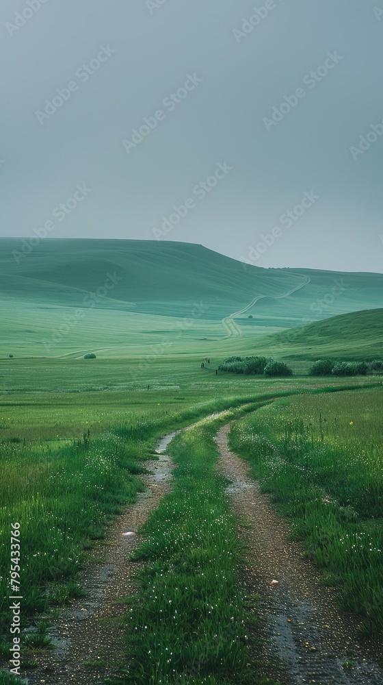 b'Countryside dirt road through green grassy field' b'Countryside dirt road through green grassy field'