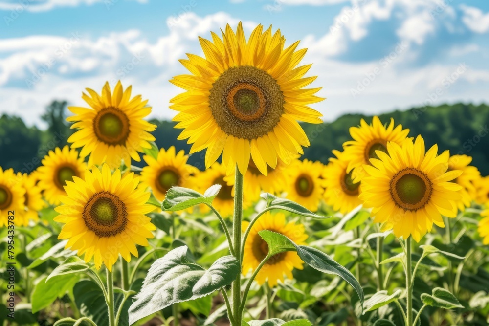 b'Field of sunflowers with a single sunflower in the foreground' b'Field of sunflowers with a single sunflower in the foreground'