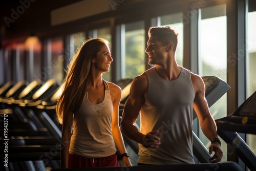 b'Couple exercising on treadmills and talking to each other'