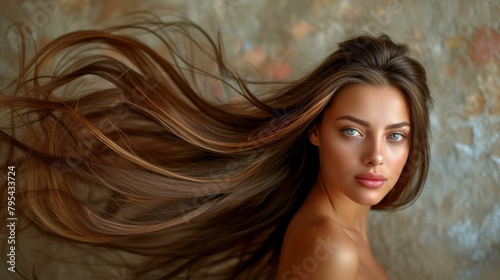 b'portrait of a beautiful young woman with long brown hair flowing in the wind'