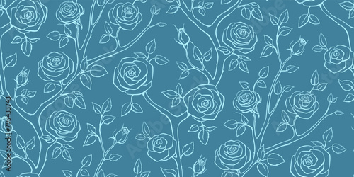 Elegant floral seamless pattern - branches with rose flowers. Repeat print with delicate petals and leaves. Simple line minimalism. Single color.